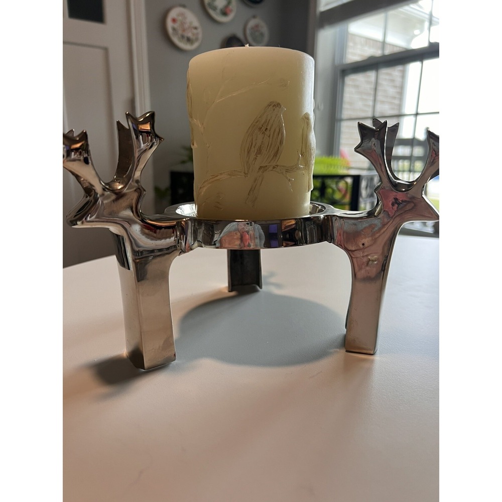 Vtg 3 Reindeer Deer Silver Metal Candle Holder Planter Heavy India